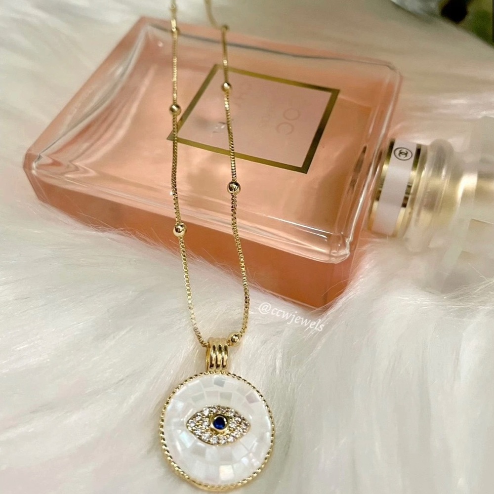 White Pearl 24K Eye Evil Box Gold Chain Necklace